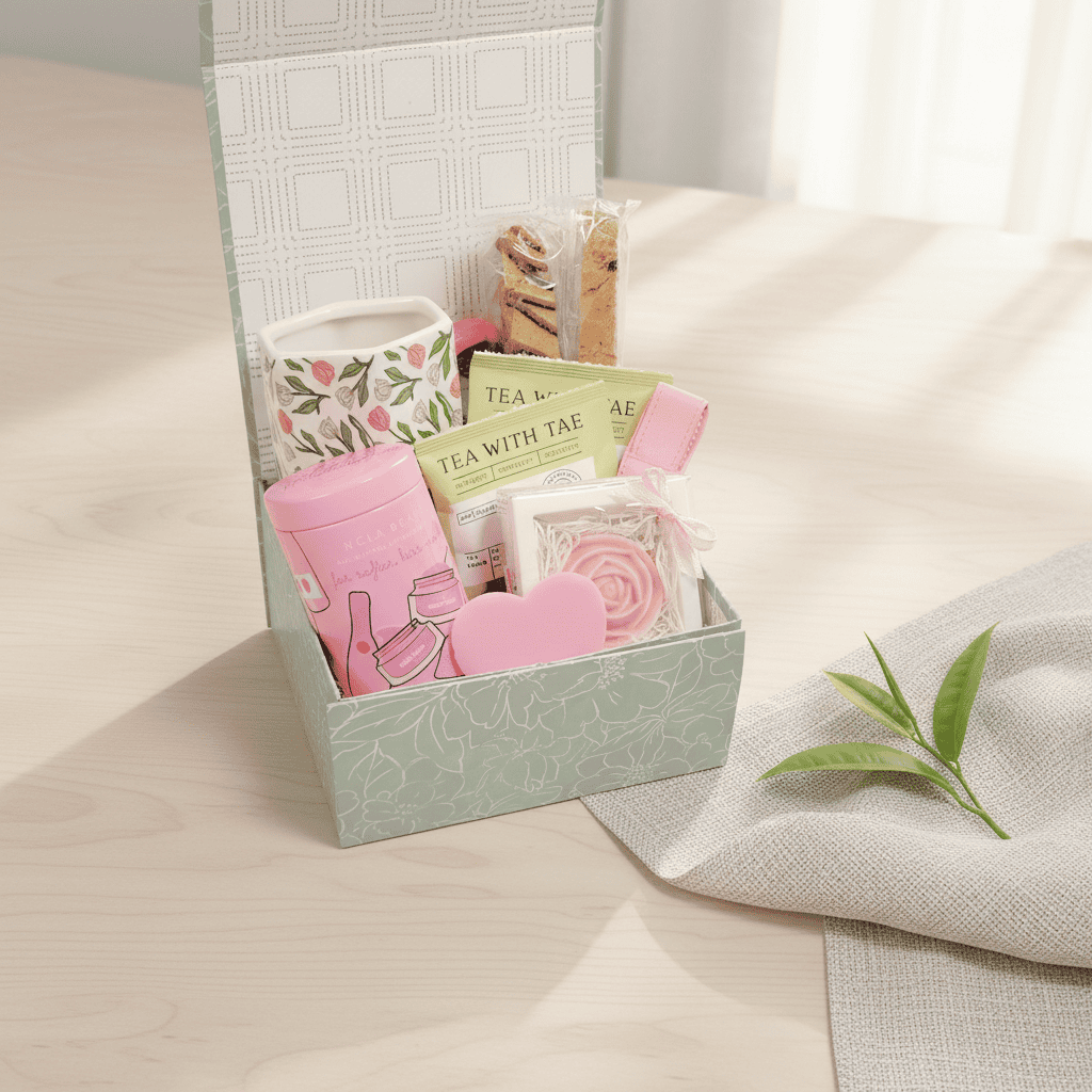 A floral mug, tea bags, a decorative rose soap, a lip care kit and a pink nail file in a decorative box on a light surface with a plant leaf