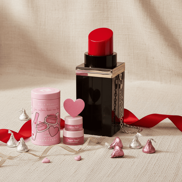 Black lipstick purse with red cap, pink lip care kit cylindrical container, and Hershey's pink and silver chocolate kisses  on a beige surface