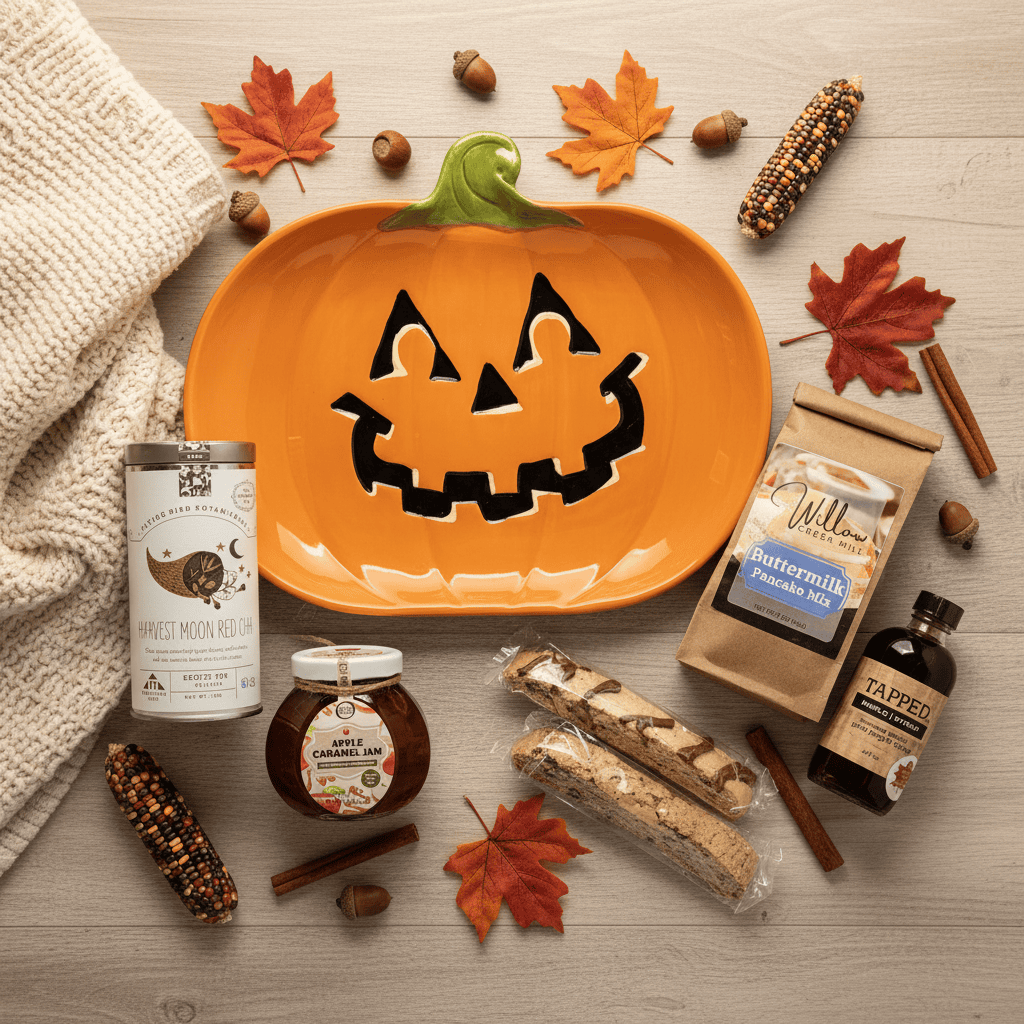 Pumpkin-shaped plate with carved face and breakfast items surrounded by autumn-themed items on a wooden surface