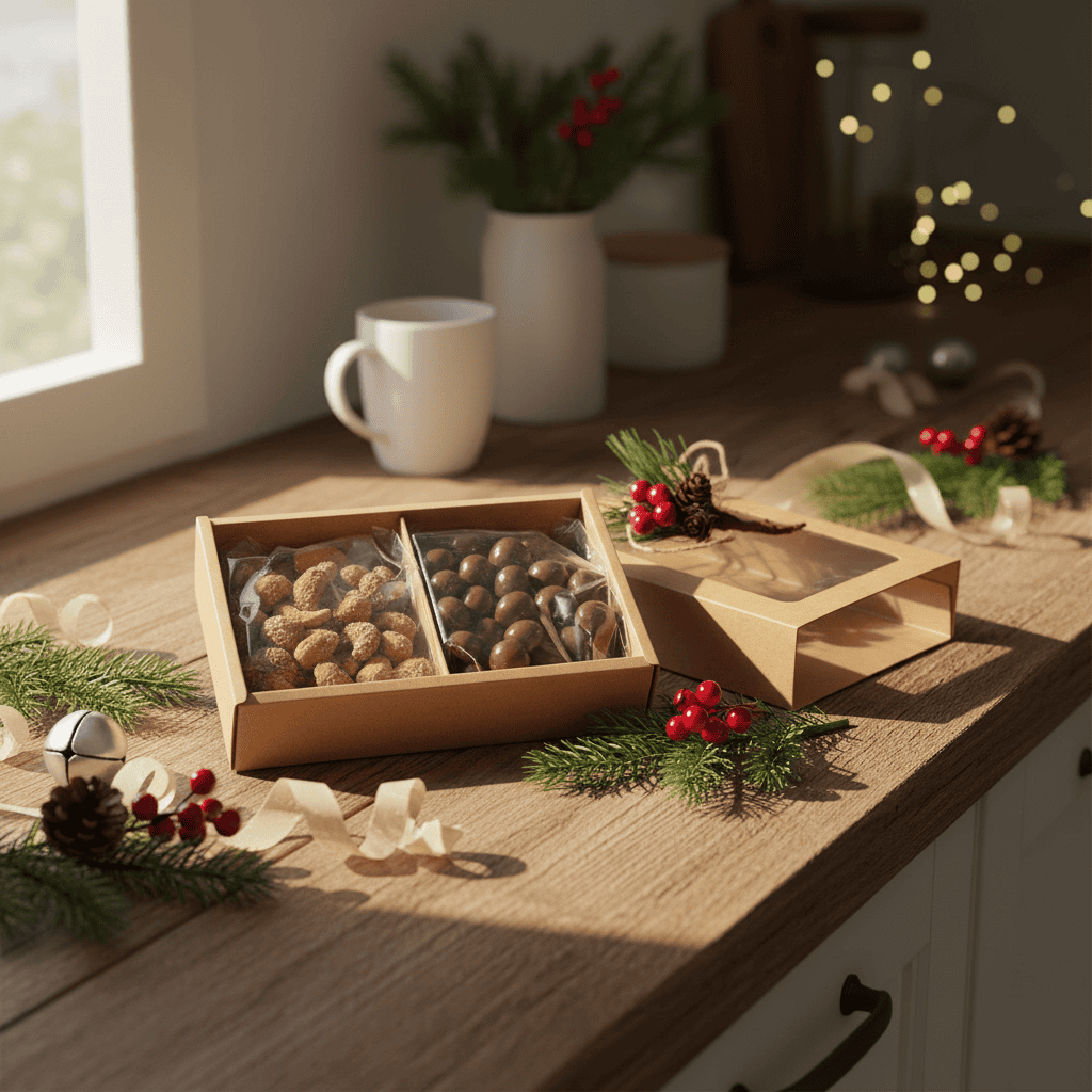 Kraft gift box with nuts and chocolates on a wooden surface with Christmas decorations