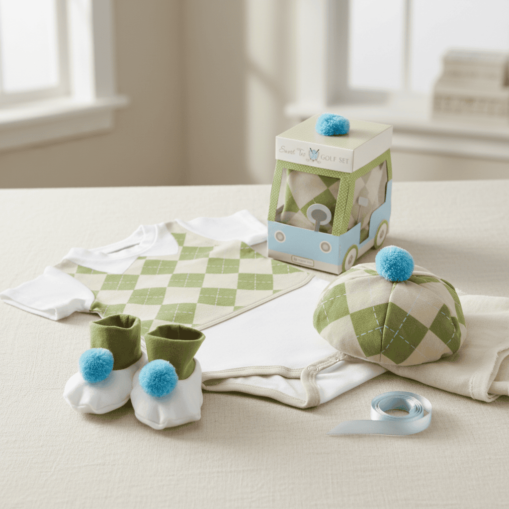 Baby booties, hat, and blanket set on a checkered blanket with a box in the background.