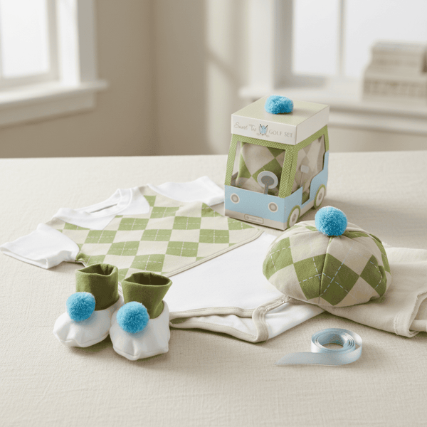 Baby booties, hat, and blanket set on a checkered blanket with a box in the background.