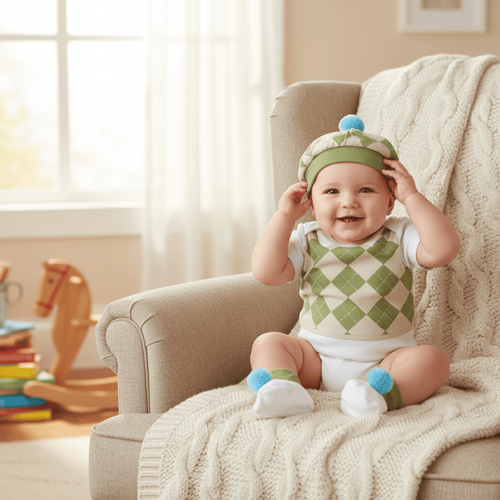 Baby in a green and white outfit sitting on a couch with toys in the background