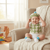 Baby in a green and white outfit sitting on a couch with toys in the background