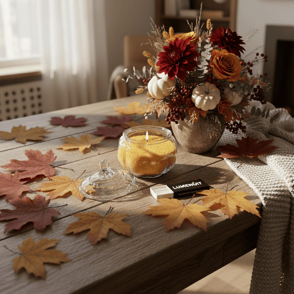 Autumn-themed table setting with leaves, a wax pearl candle and wicks in a glass pumpkin jar, and flowers on a wooden table.