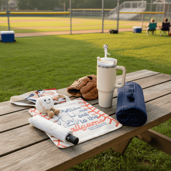 Picnic setup with a tumbler, blanket, and baseball-themed items on a wooden table at a baseball field.