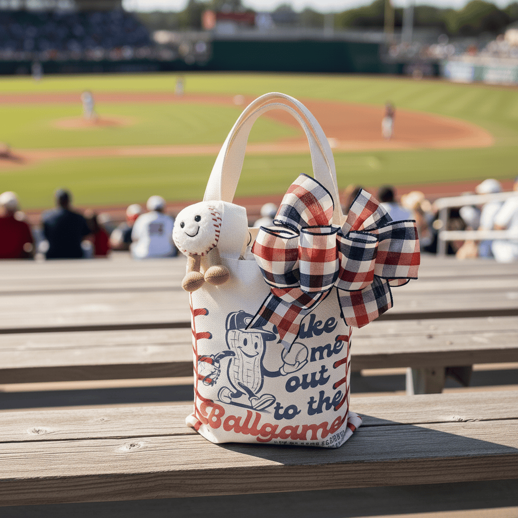 Baseball-themed tote bag with a bow on a wooden bench at a baseball stadium.
