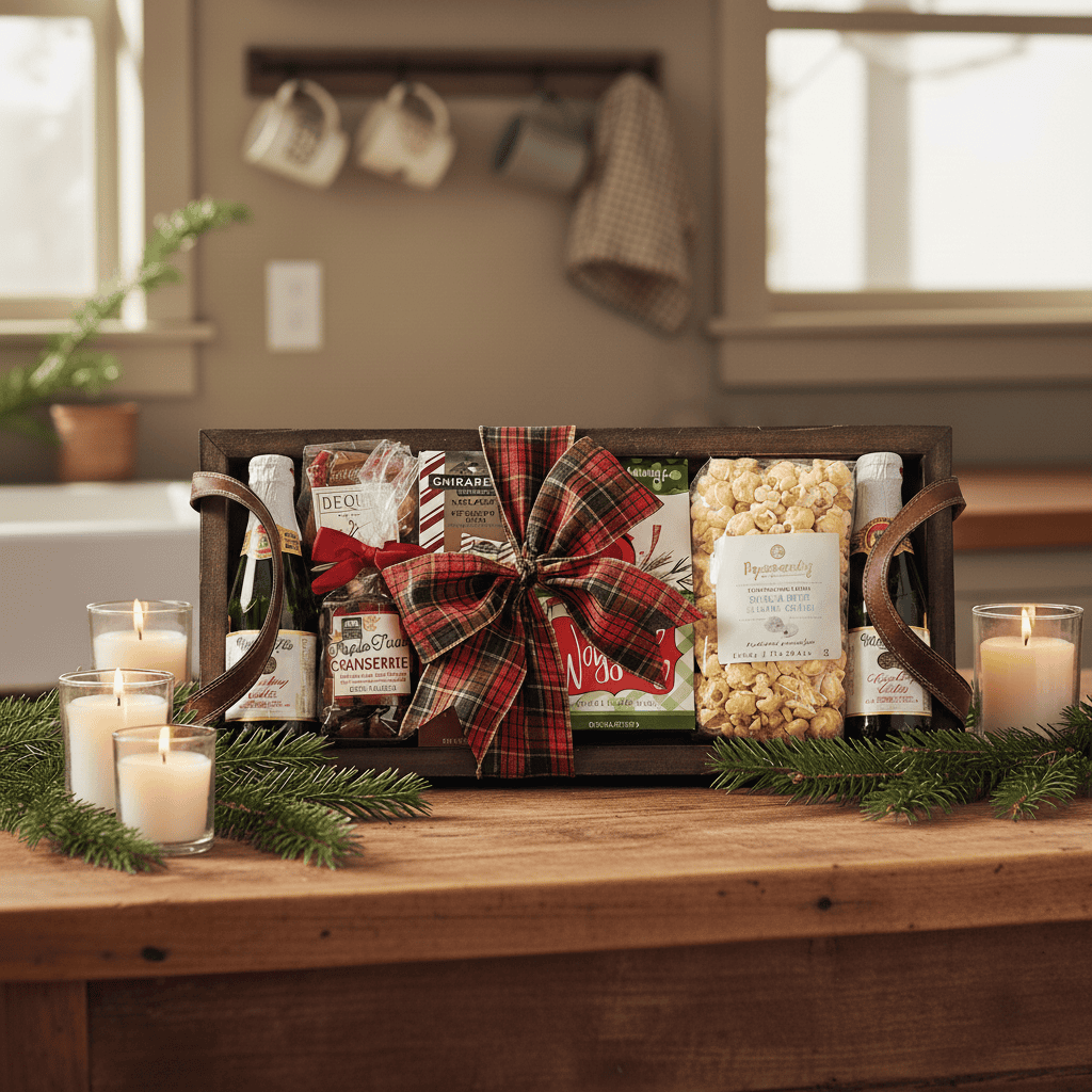 Gift tray with apple cider, popcorn, and snacks on a wooden table with candles and greenery