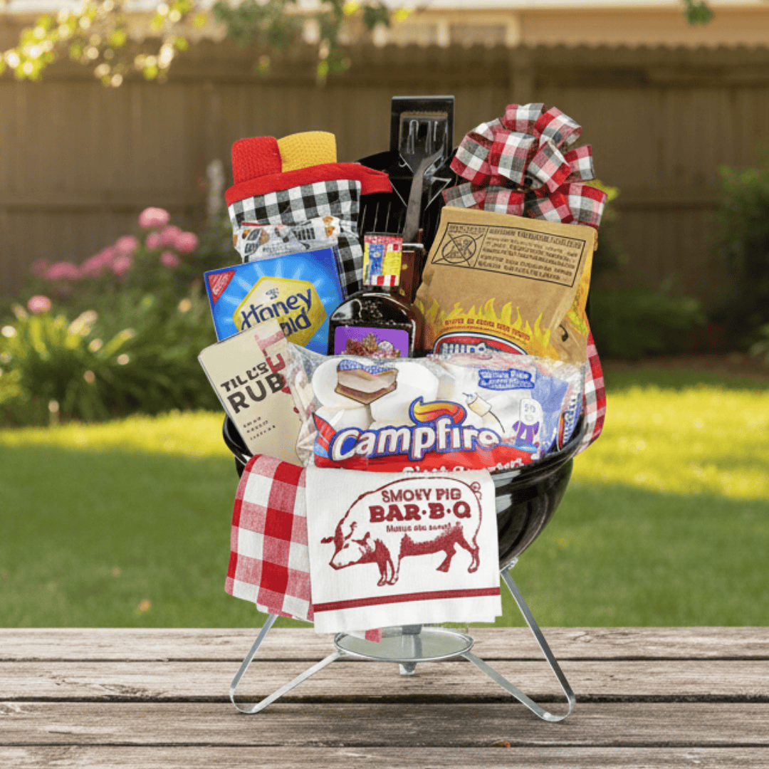 Weber Smokey Joe Portable Grill Gift featuring a grill, marshmallows, BBQ sauce, and utensils, perfect for gifting or raffles, includes essentials for a great barbecue