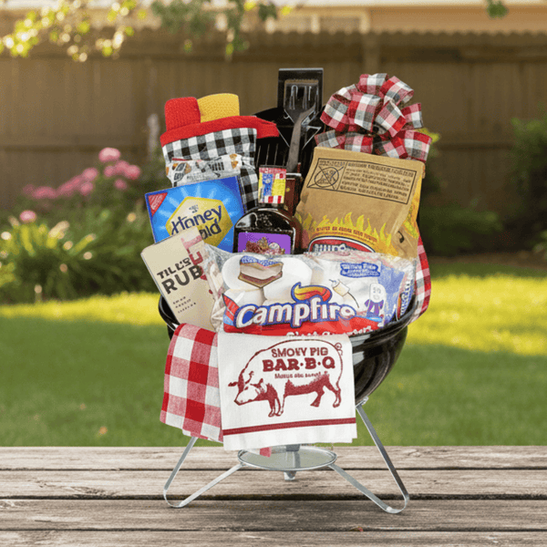 Weber Smokey Joe Portable Grill Gift featuring a grill, marshmallows, BBQ sauce, and utensils, perfect for gifting or raffles, includes essentials for a great barbecue