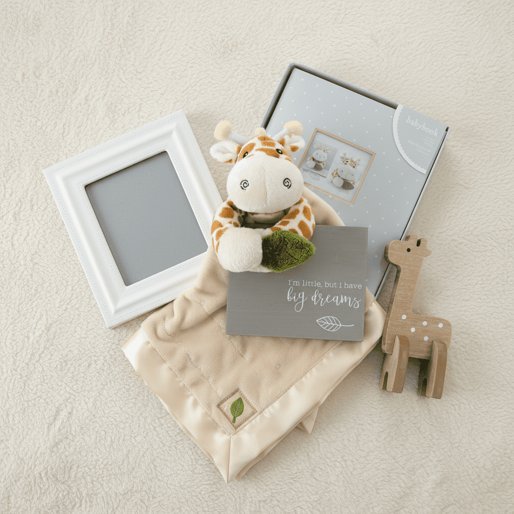 Baby gift set with plush giraffe, photo frame, and card on a beige surface