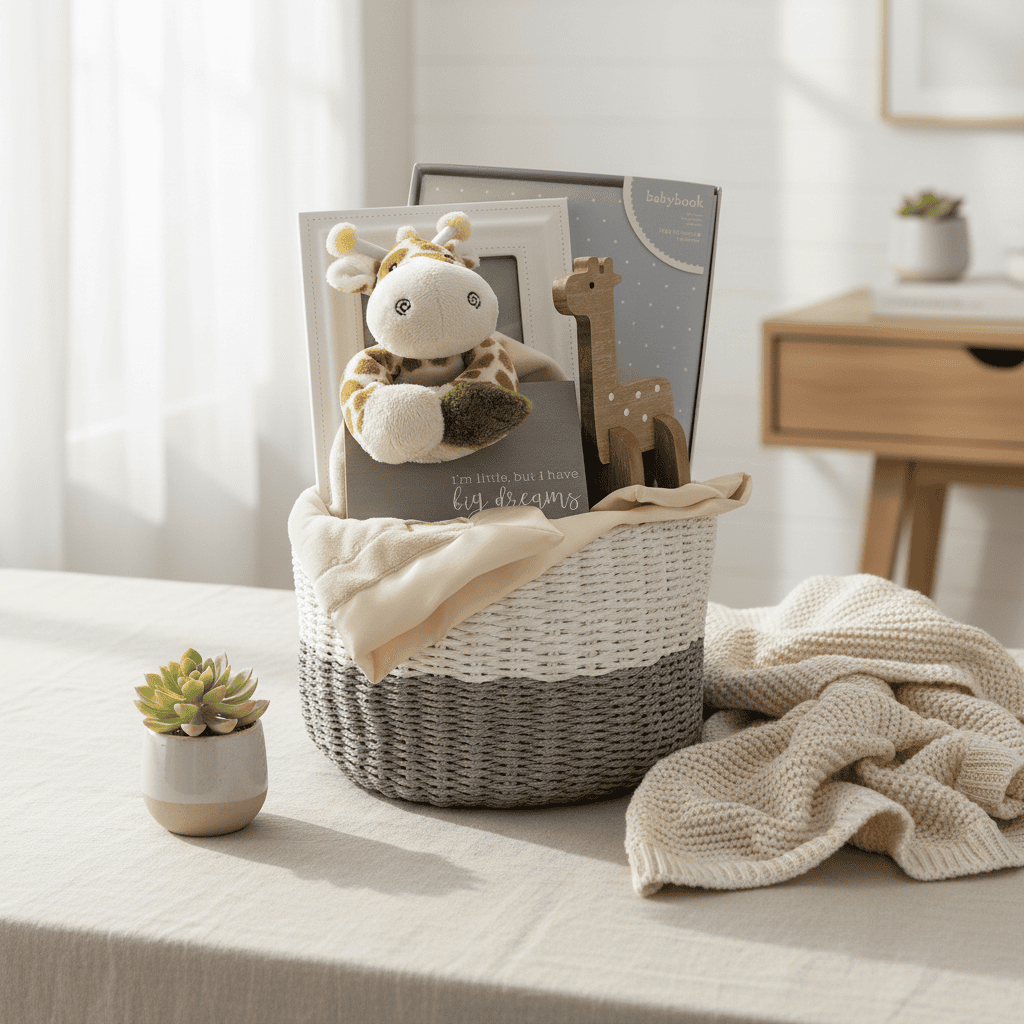 Baby gift basket with plush toys, photo frame, and blanket on a table.
