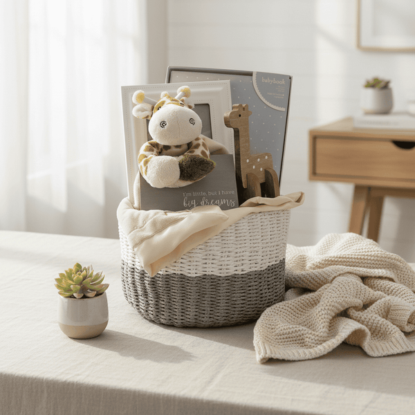 Baby gift basket with plush toys, photo frame, and blanket on a table.
