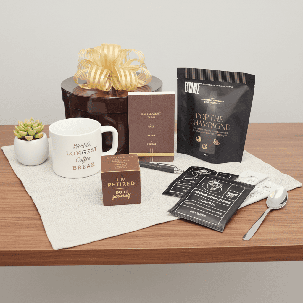 Gourmet coffee set with mug, coffee packages, and decorative retirement related items on a wooden table.