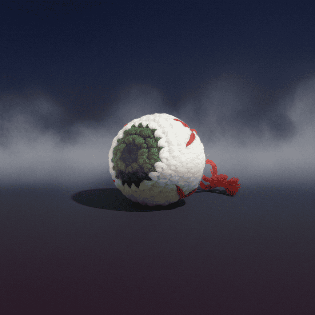 closeup of the bruiser mckitty bloody eyeball crochet catnip filled toy with a spooky dark background