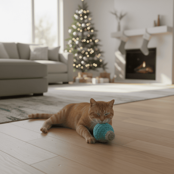 Cat playing with a Bruiser McKitty blue Christmas bulb catnip toy on a wooden floor in a cozy living room with a Christmas tree and fireplace.