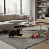 Two cats playing with Bruiser McKitty Fishy Catnip toys on a gray rug in a modern living room