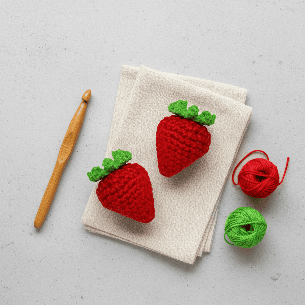 Two Bruiser McKitty crocheted strawberry catnip toys on a folded napkin with a wooden crochet hook and yarn balls on a light gray background.