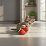 Cat playing with red Bruiser McKitty strawberry catnip toys on a wooden floor.