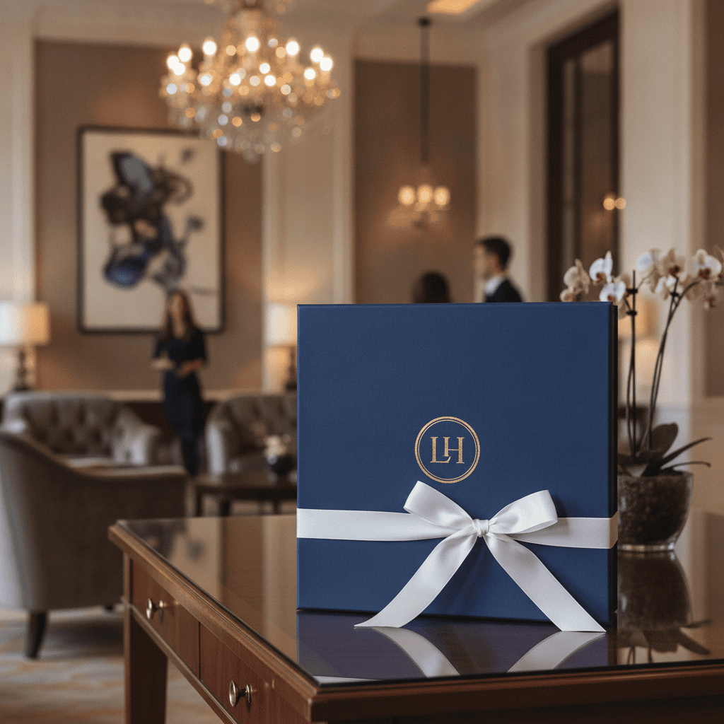 A navy blue gift box with a white ribbon and bow, featuring a circular gold monogram logo, displayed on a polished wooden table in a luxurious, softly blurred living room setting.
