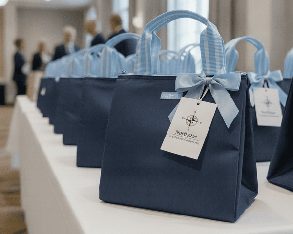 A navy blue gift bag with light blue handles and a matching ribbon bow sits on a white tablecloth. A hanging tag reads Northstar Leadership Conference, with several identical bags lined up in the background in a blurred event setting.