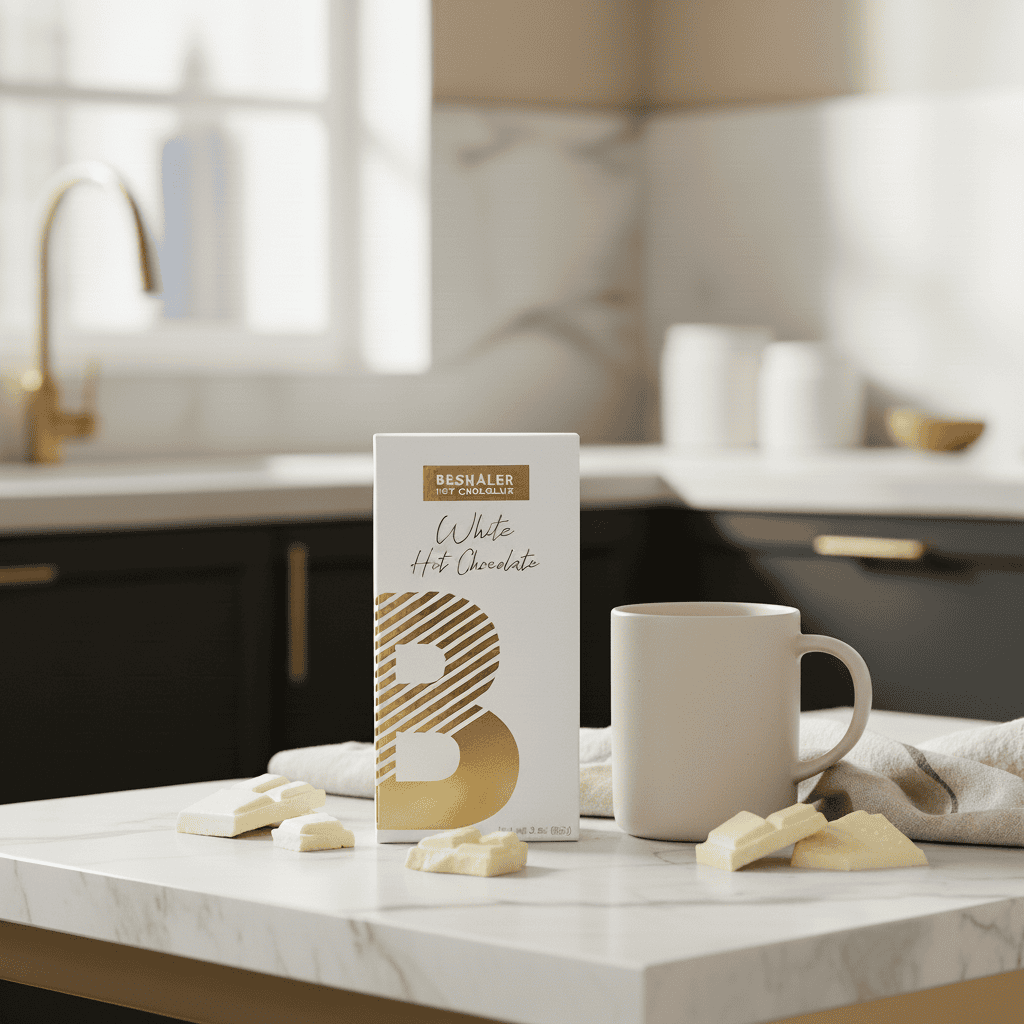 Beshaler White Hot Chocolate package with a mug and chocolate pieces on a kitchen counter.