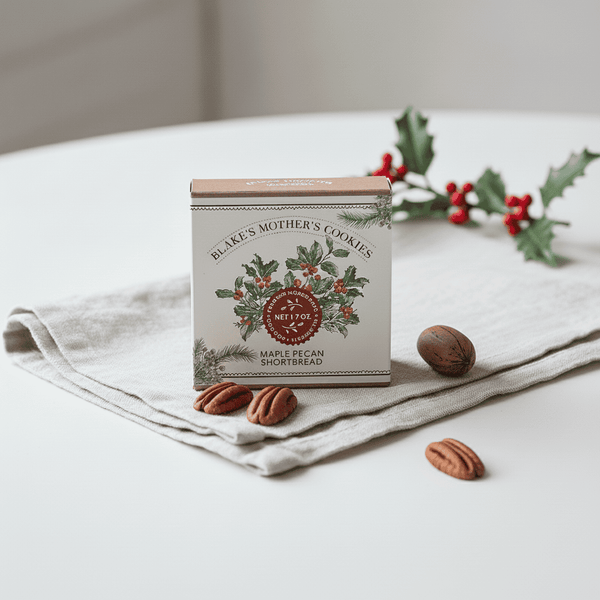 Holiday Maple Pecan Box with pecans and holly, showcasing light, crispy shortbread cookies with maple and pecan hints, on a linen napkin.