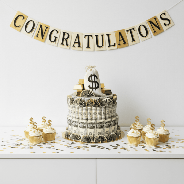 Cake decorated with money bills and a money bag, surrounded by cupcakes, on a white surface with 'CONGRATULATIONS' banner.
