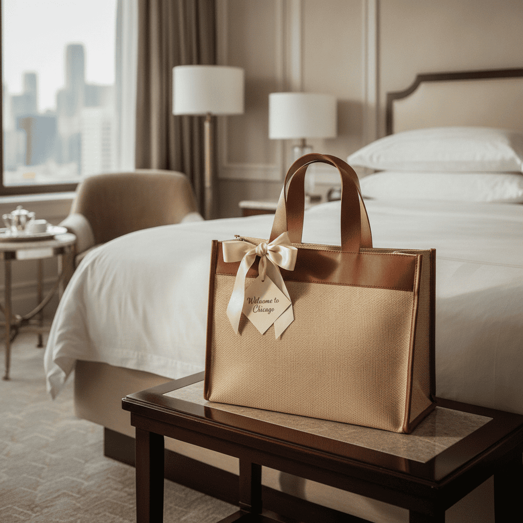 A structured tan tote bag with brown leather handles and trim, featuring a cream satin bow and a hanging tag that reads 'Welcome to Chicago,' displayed on a bedside table in a softly lit hotel room.