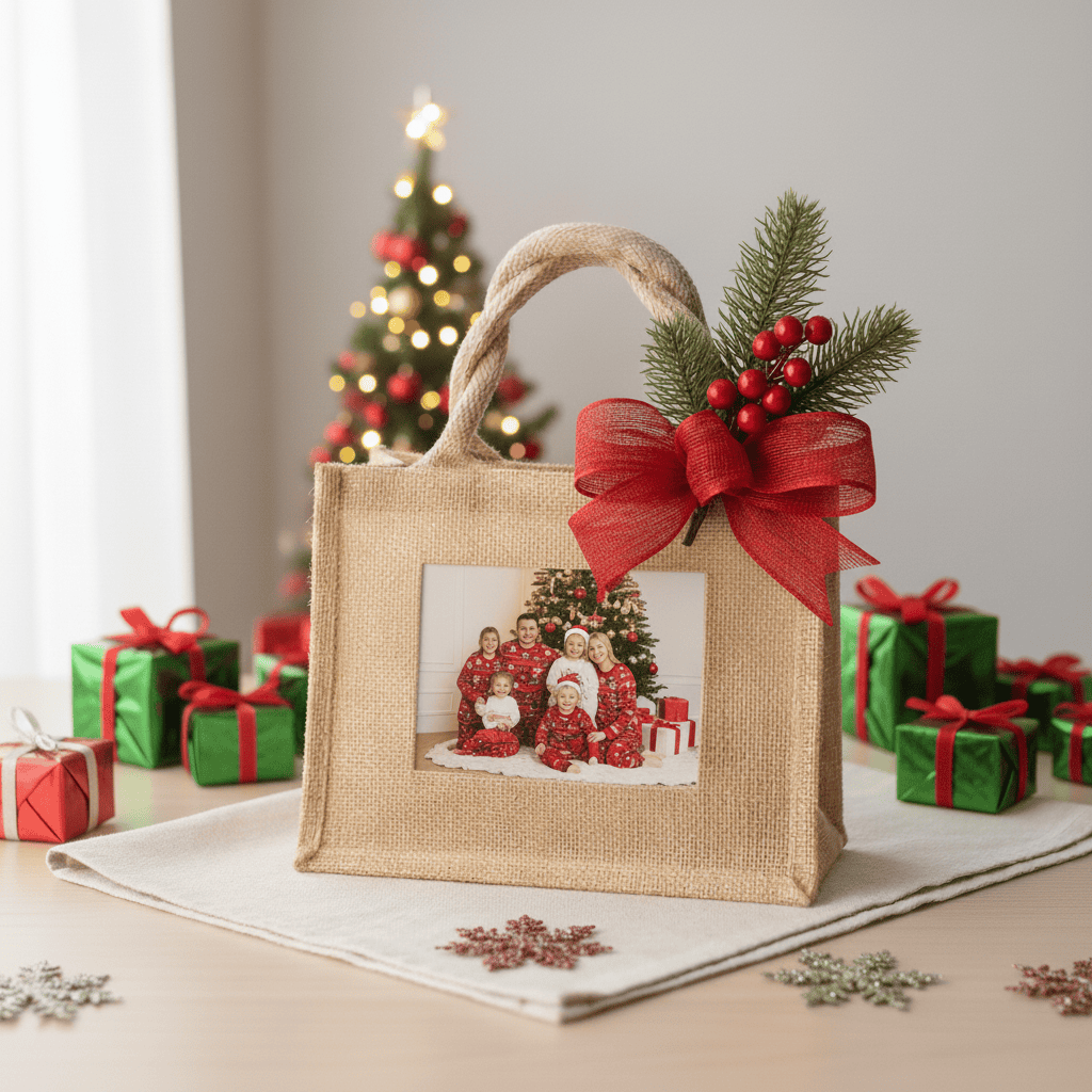 Jute Photo Tote with burlap design, festive pine, berries, bow, and family photo pocket, perfect for custom gifts from Celebratopia.