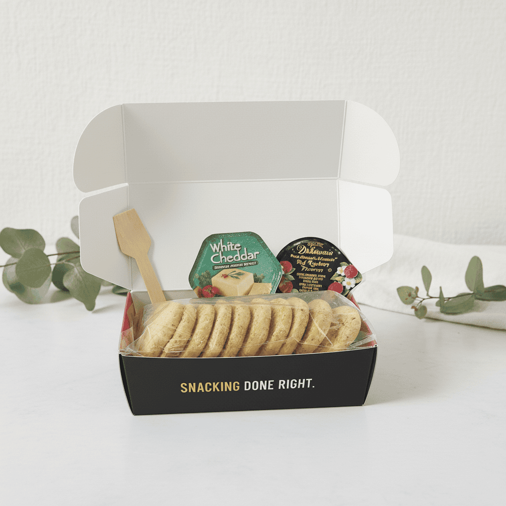 Crackerology Red Wine and Rosemary Snackable open box with crackers, cheese, and a spatula on a white background