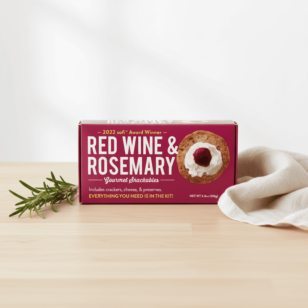 Box of Red Wine & Rosemary Gourmet Snackables on a wooden surface with a white background