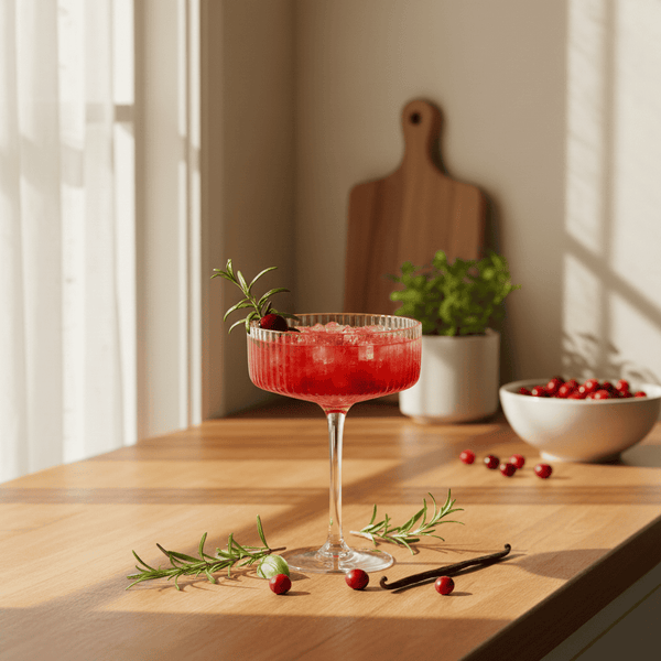 craftmix cranberry vanilla cocktail in a glass with garnishes on a wooden table, sunlit room.