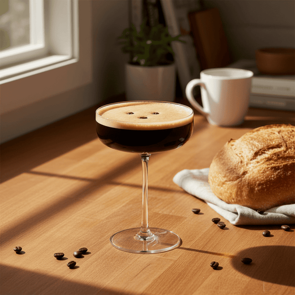 Glass of craftmix espresso martini on a wooden table with bread and coffee beans.
