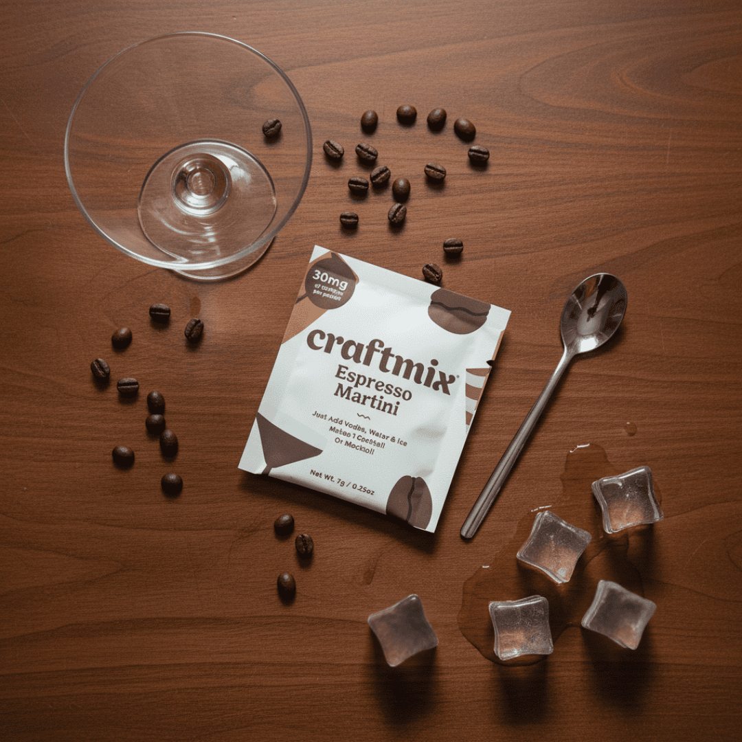 Craftmix Espresso Martini mix packet with espresso beans, a glass, ice cubes, and a spoon on a wooden surface.