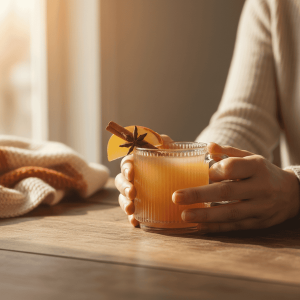 Person holding a glass of Craftmix Spiked Apple Cider with a cinnamon stick on a wooden table
