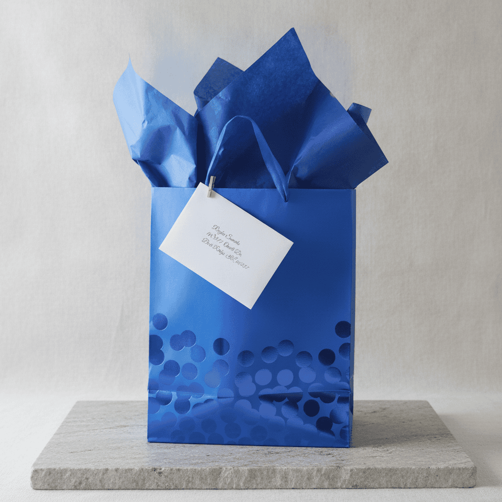 Blue gift bag with crinkled paper and a white custom note card
