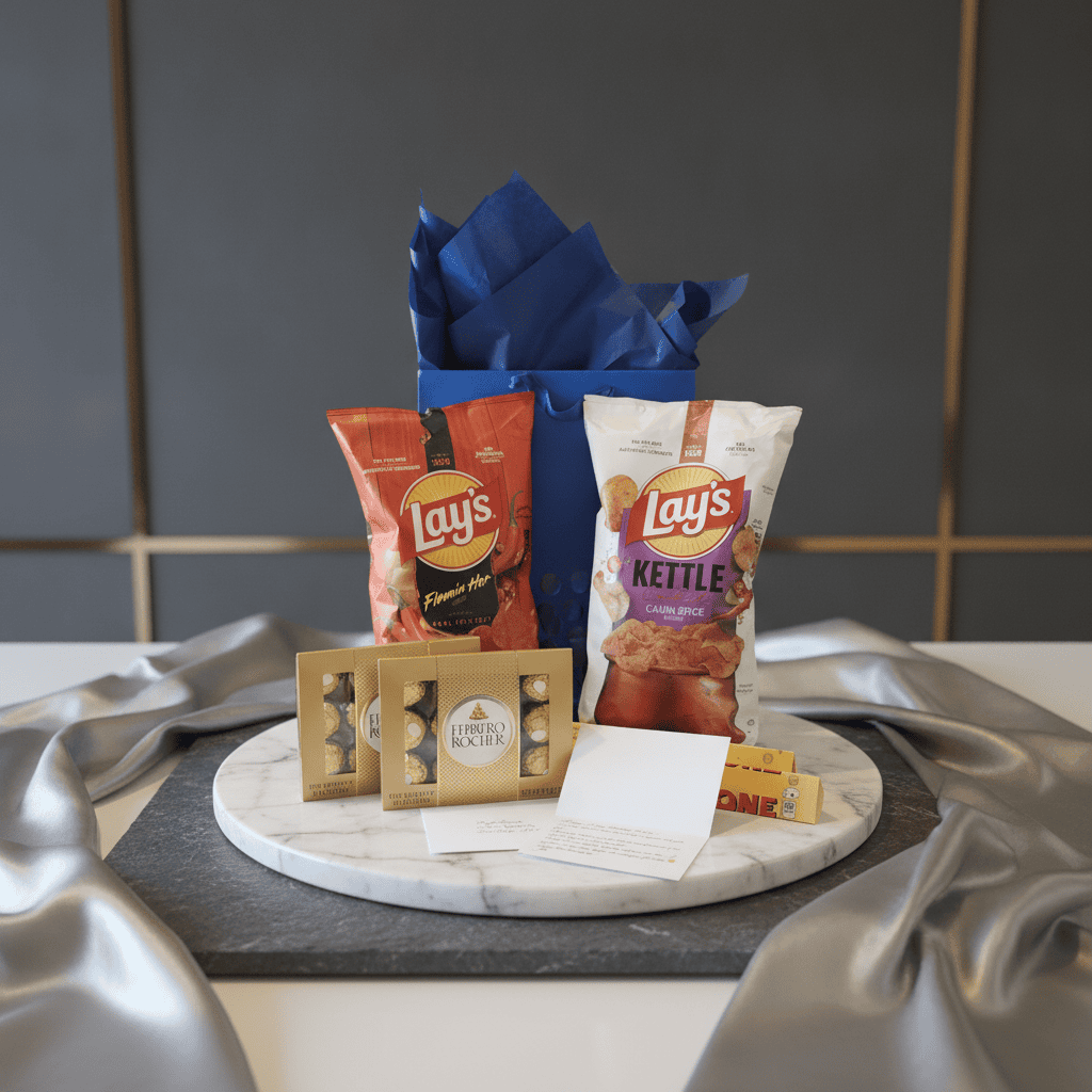 Blue gift bag with crinkled paper, Lay's snack packs and note cards on tray