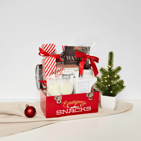 Red 'Emergency Snacks' mini lunch box with gourmet treats and holiday-themed items on a white background