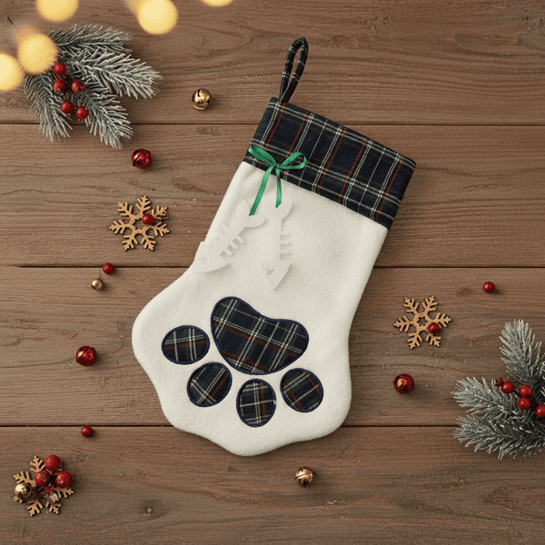 White Christmas stocking with plaid paw design on a wooden surface with festive decorations