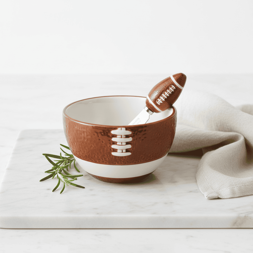 Football Fever Bowl & Spreader: a ceramic bowl with a football design, includes a matching spreader, ideal for game day snacks and entertaining.