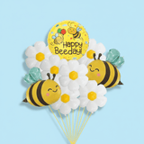 Happy Bee Day Balloon Bouquet featuring nine helium-filled balloons, including bumblebee shapes, daisy designs, and a Happy Beeday focal balloon, perfect for birthday celebrations