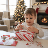 Child opening a Christmas gift in a cozy living room with a tree and fireplace.