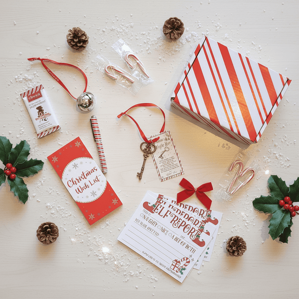 Collection of Christmas-themed stationery items on a light surface with decorative elements.