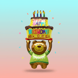 Inflatable bear balloon holding a birthday cake with candles on a gradient background