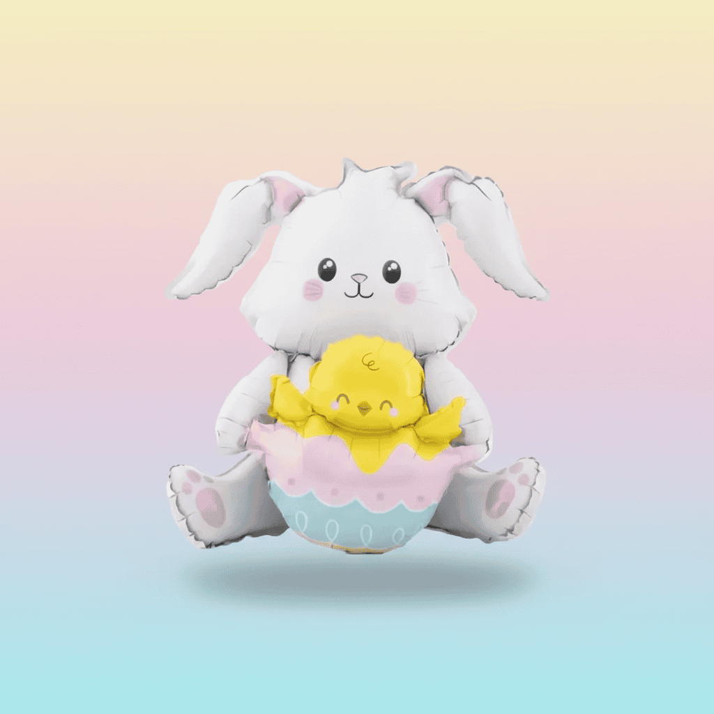 jumbo white bunny balloon holding an open Easter egg with a yellow chick popping out on a gradient background
