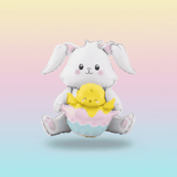 jumbo white bunny balloon holding an open Easter egg with a yellow chick popping out on a gradient background