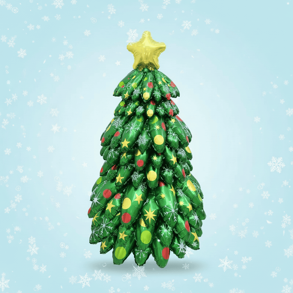 Decorative inflatable Jumbo Christmas Tree Balloon in green with colorful decorations on a light blue background with snowflakes.