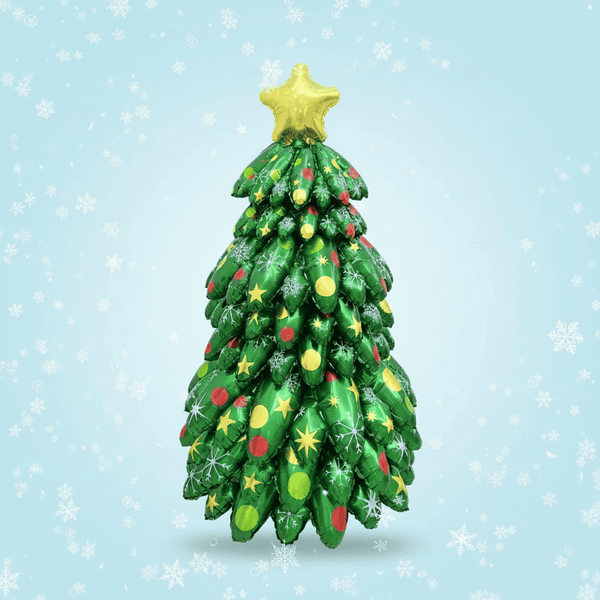 Decorative inflatable Jumbo Christmas Tree Balloon in green with colorful decorations on a light blue background with snowflakes.