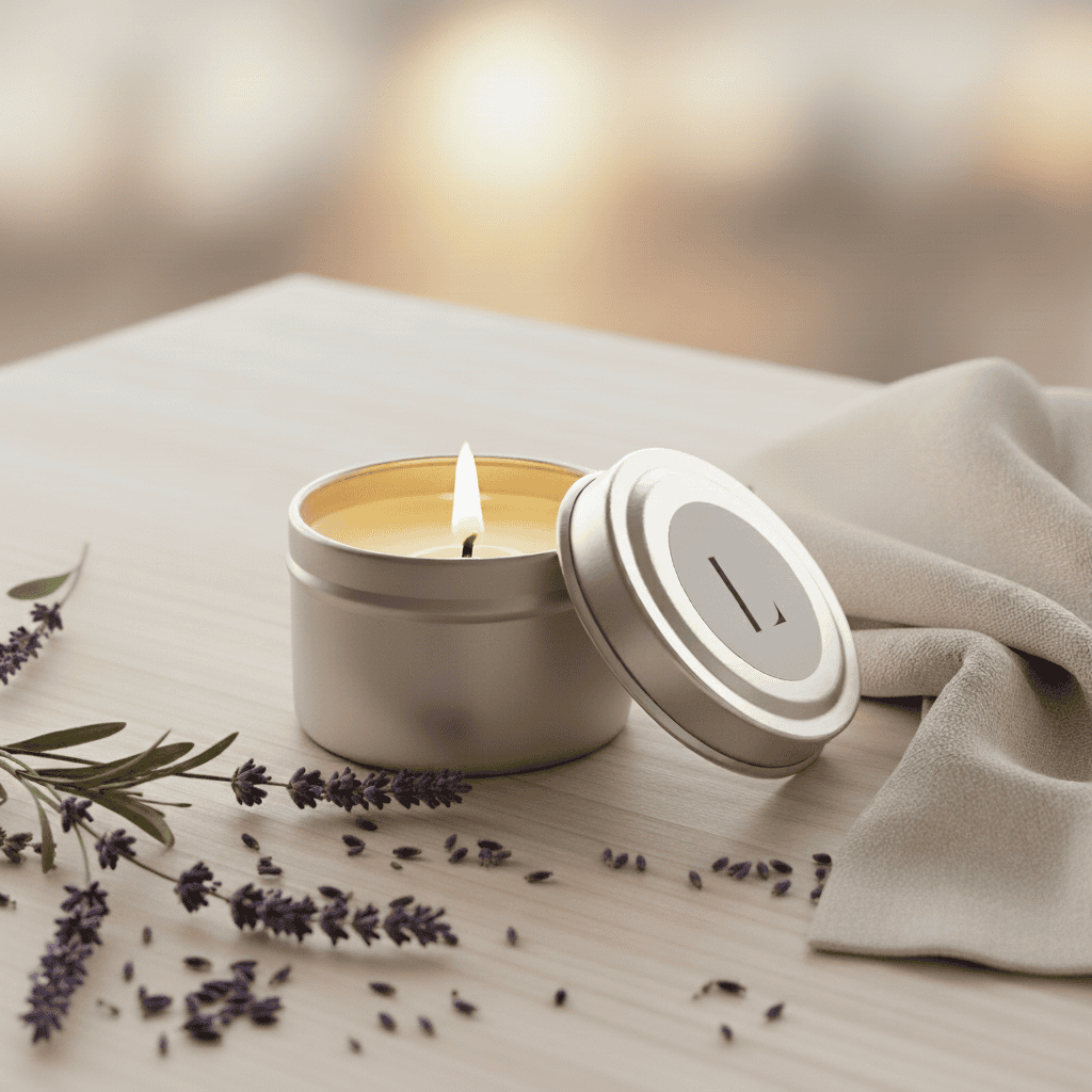 Lavender Travel Candle in a silver metal jar with a white label, perfect for creating a soothing ambiance with eco-friendly soy wax and lavender essential oil.